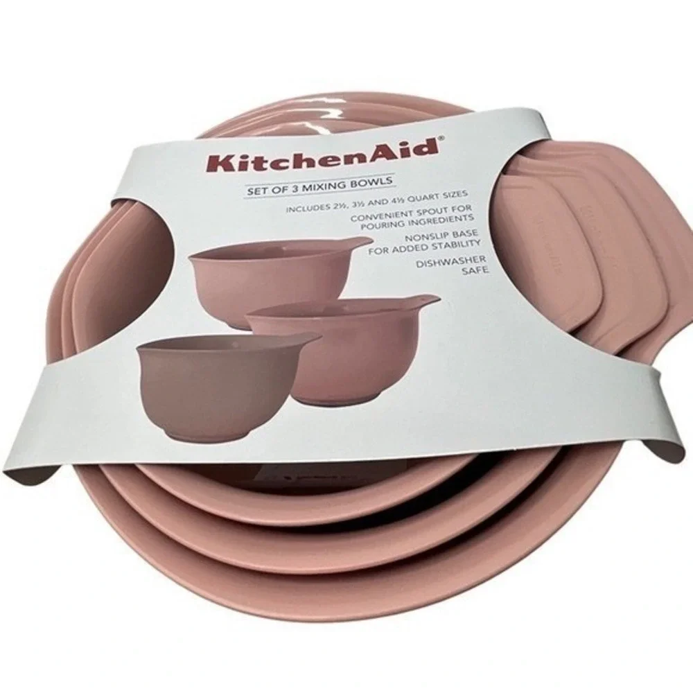 KitchenAid Mixing Bowls 3PC. Pink 2.5/3.5/4.5 Qt Sizes Non-Slip Base& Pour Spout
